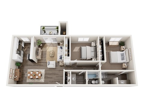 A top-down view of a modern apartment layout with a kitchen, living room, dining area, and bathroom.